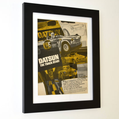 Vintage Datsun 2000 road racing print ad side view, framed