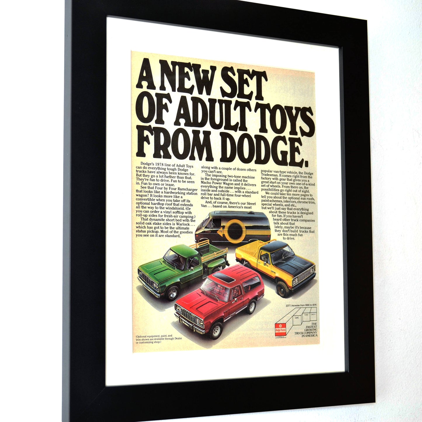 1978 Dodge truck print ad, side view, framed