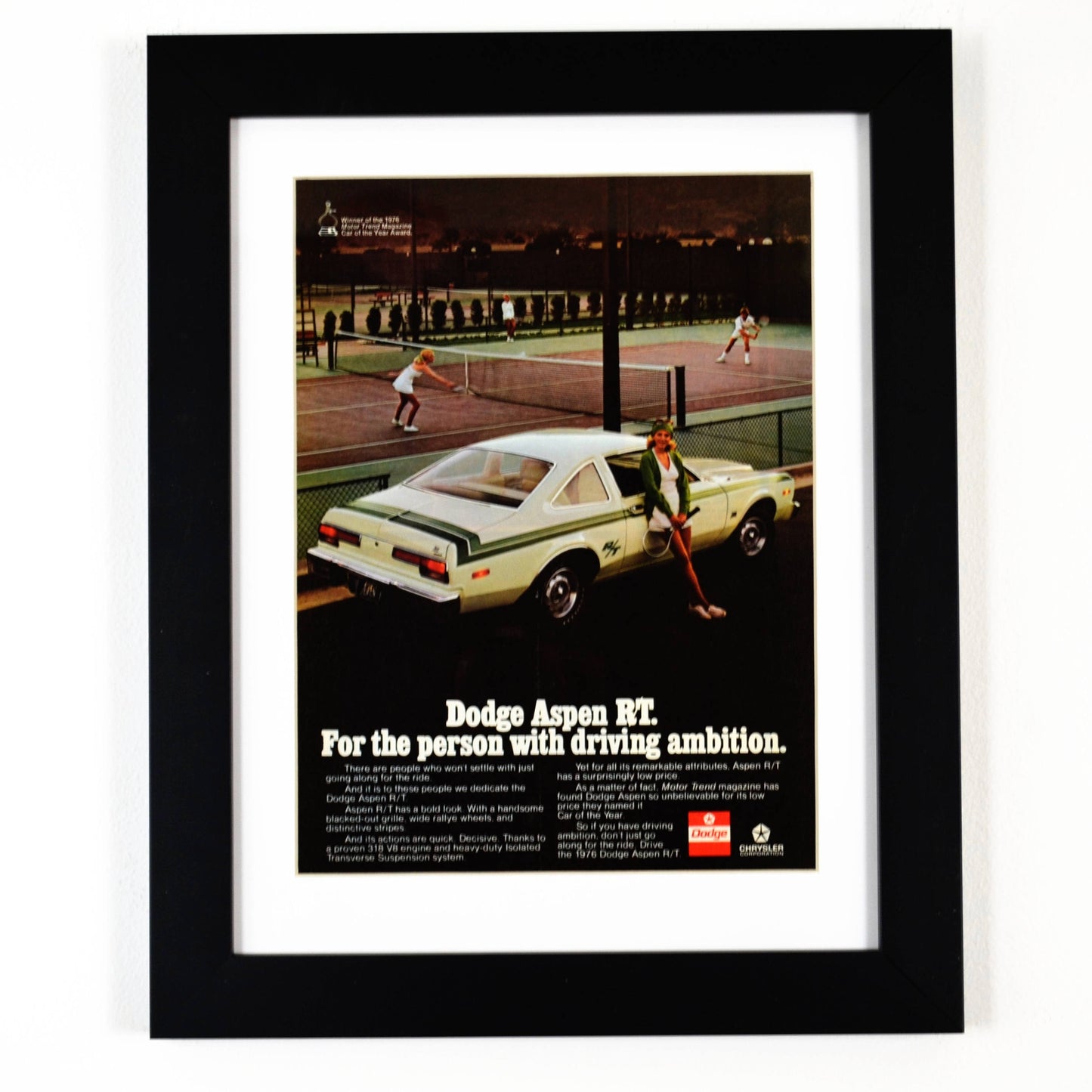 1976 Dodge Aspen R/T classic car print ad, framed automotive wall art