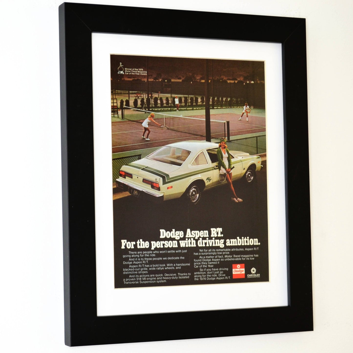 1976 Dodge Aspen R/T classic car print ad, side view, framed