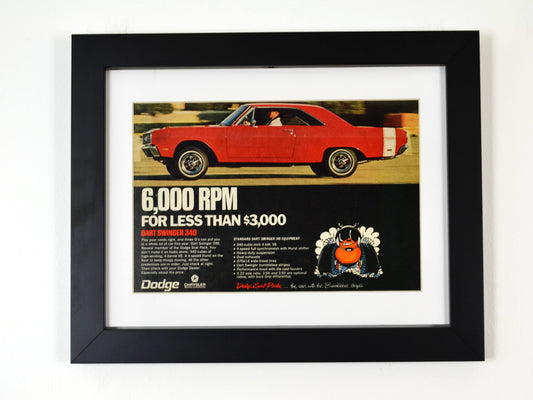 1969 Dodge Dart Swinger classic car print ad, framed automotive wall art