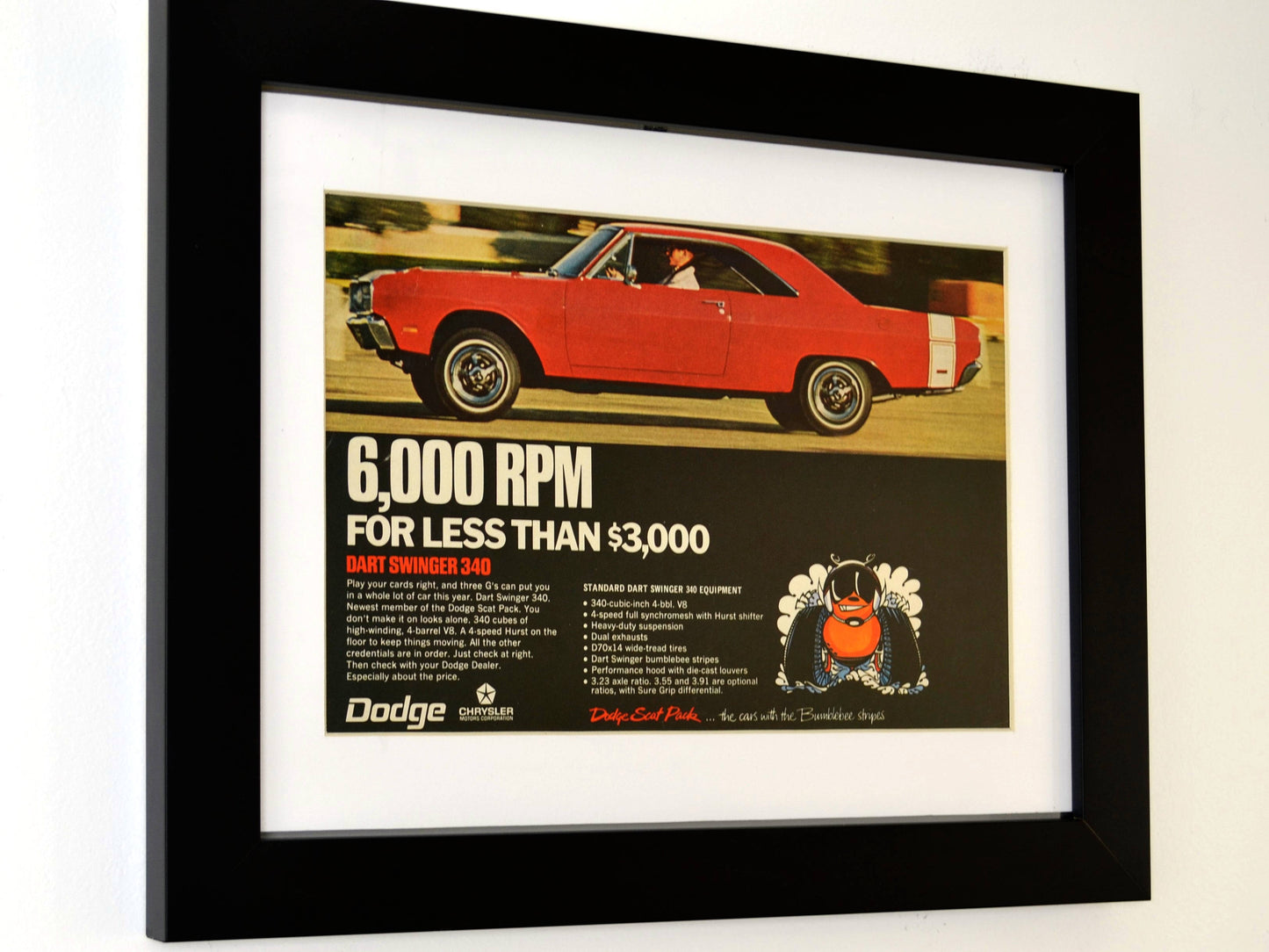 1969 Dodge Dart Swinger classic car print ad, framed automotive wall art