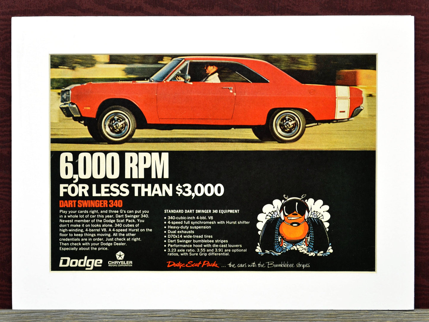 1969 Dodge Dart Swinger classic car print ad, framed automotive wall art