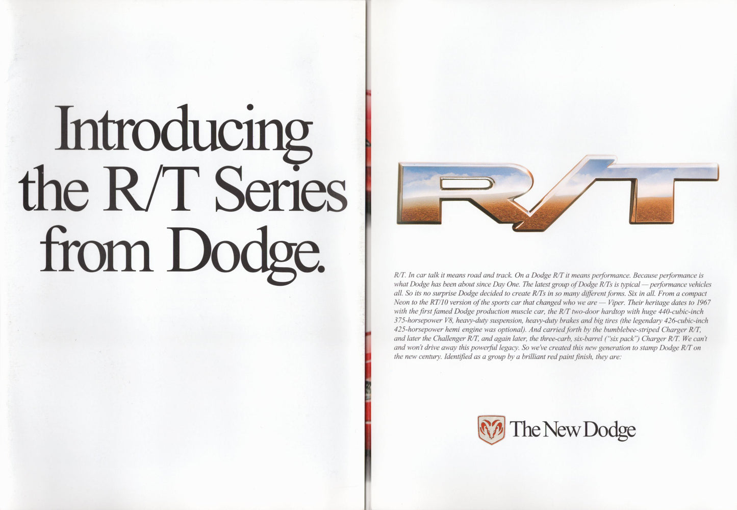 1999 Dodge R/T Series dealer brochure Viper RT10 Dakota 5.9 RT Neon RT Intrepid RT fold-out sales literature