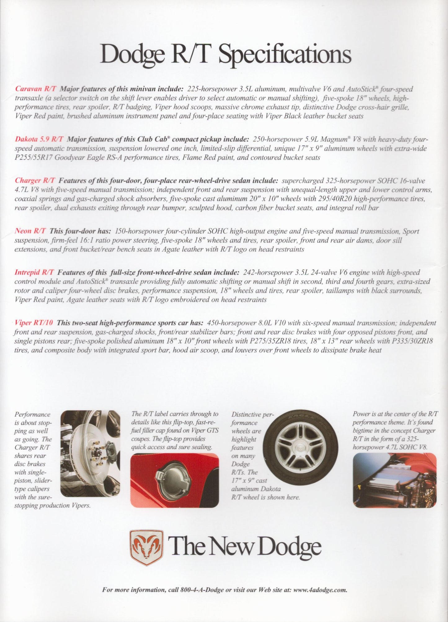 Dodge R/T specifications page with text and images of wheels and car parts.