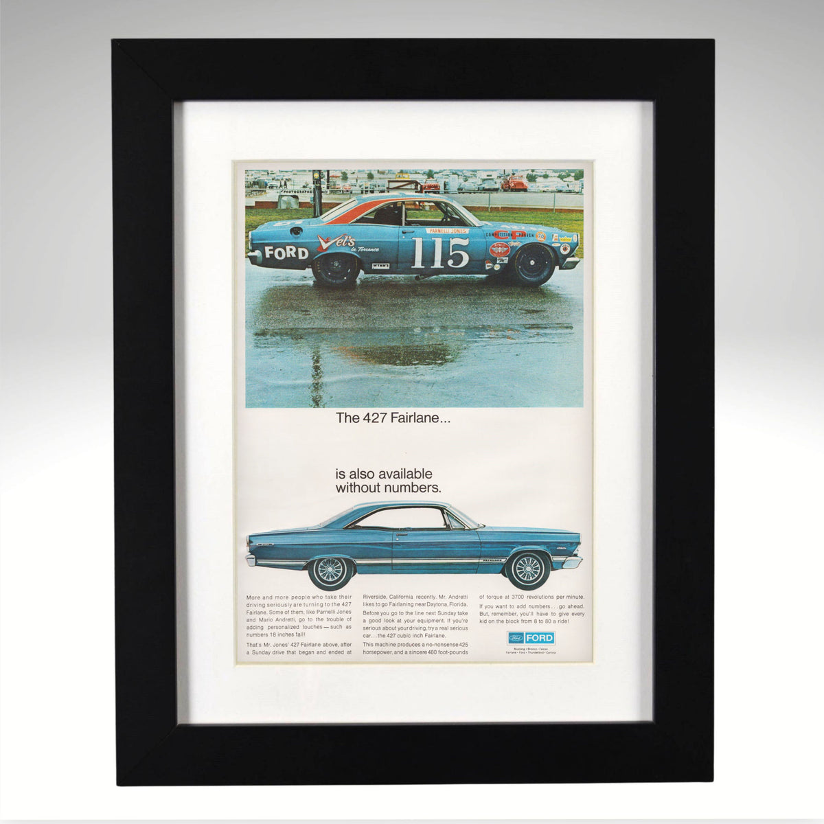 Ford Fairlane 427 ad with Parnelli Jones No. 115 race car, framed 12x15