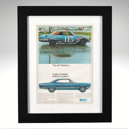 Ford Fairlane 427 ad with Parnelli Jones No. 115 race car, framed 12x15