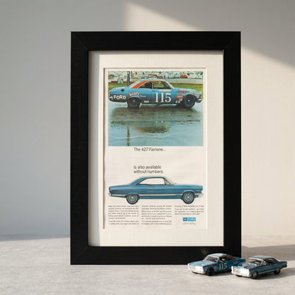 Ford Fairlane 427 ad with Parnelli Jones Nascar No. 115 race car, framed 12x15 side view