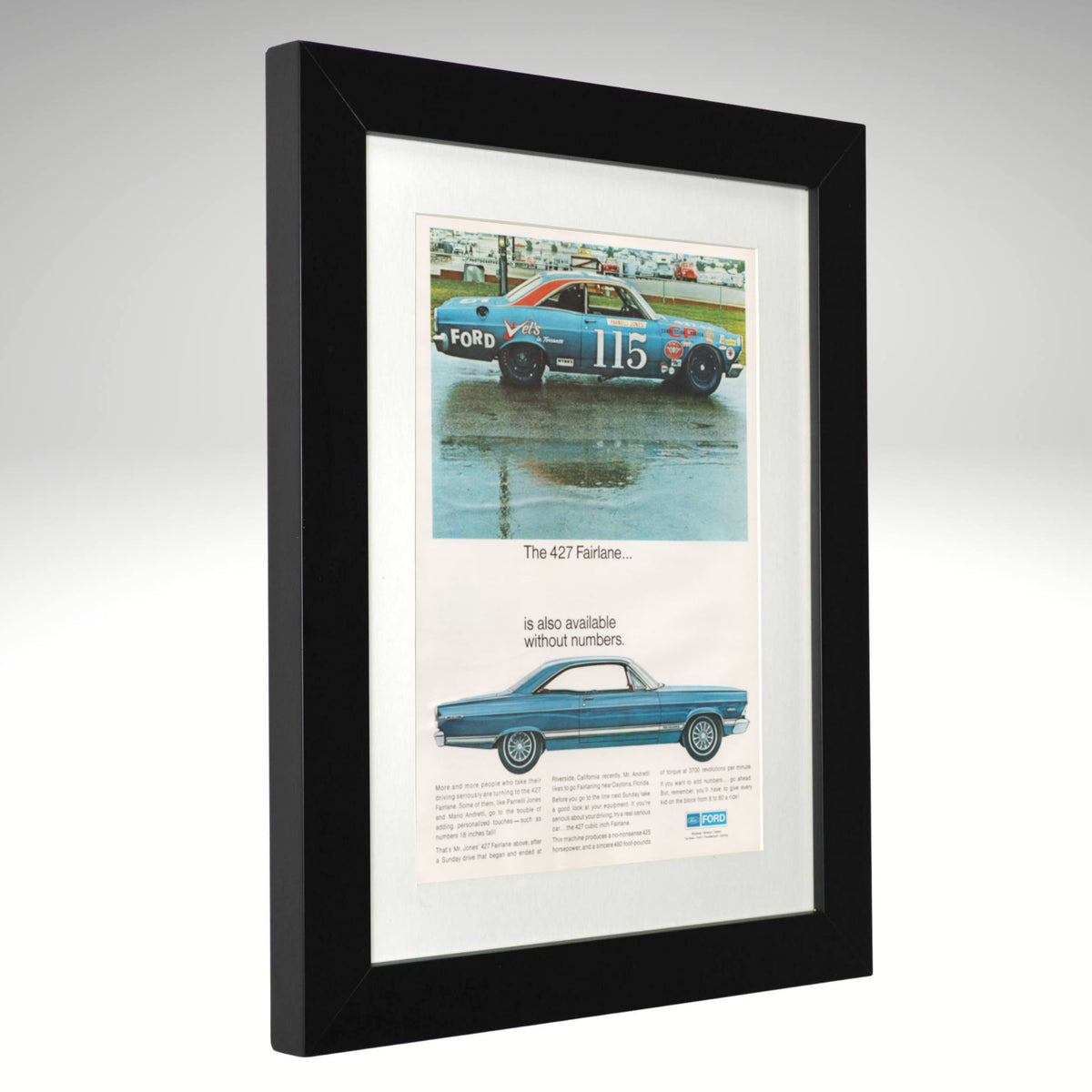 Ford Fairlane 427 ad with Parnelli Jones No. 115 race car, framed 12x15 side view

