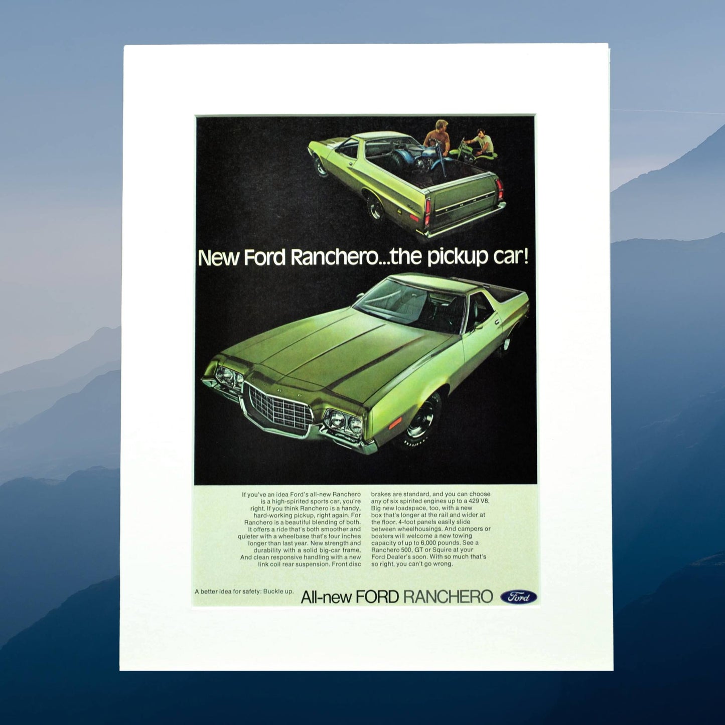 Ford Ranchero automotive print ad, framed classic car wall art