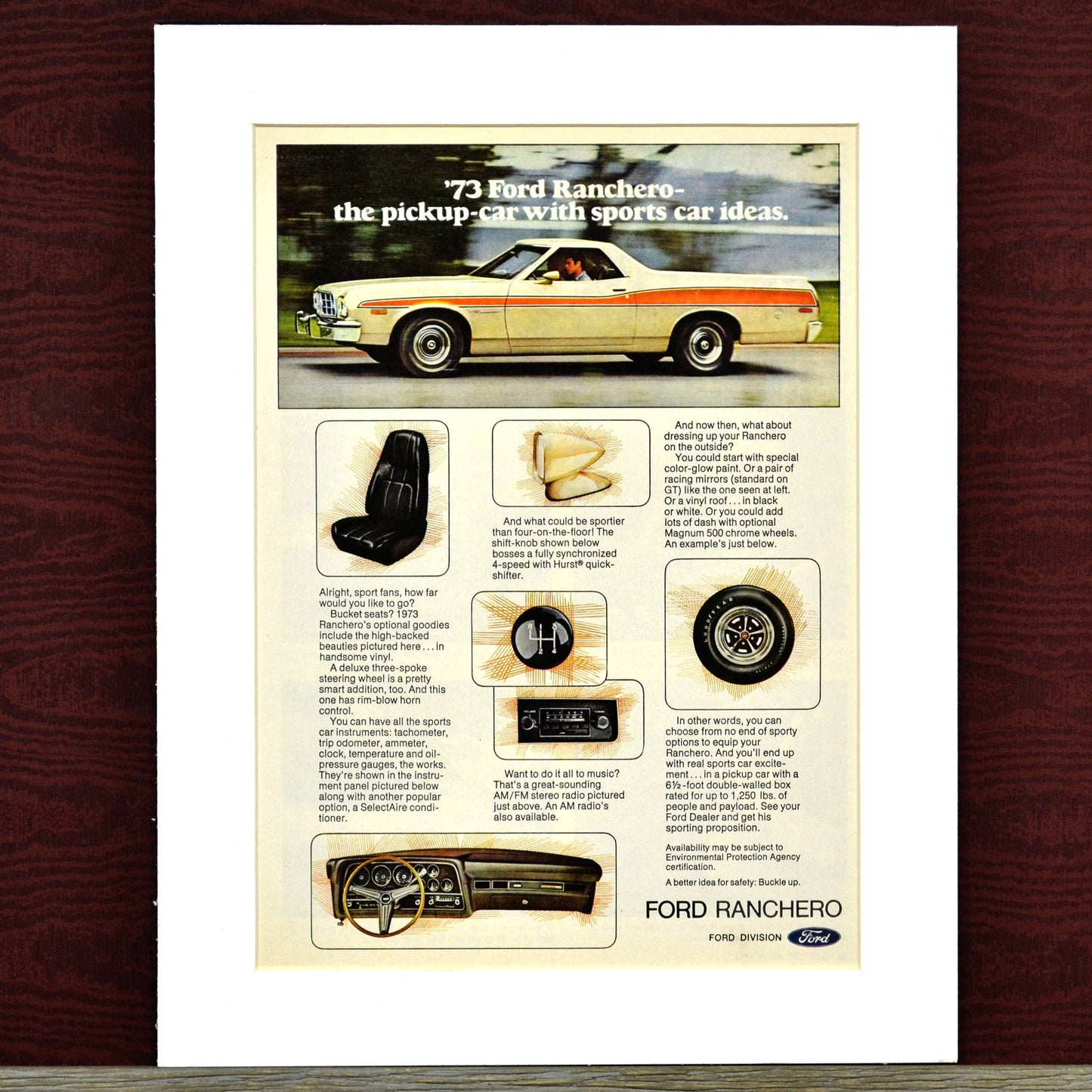 1973 Ford Ranchero classic car print, Framed vintage automotive wall art