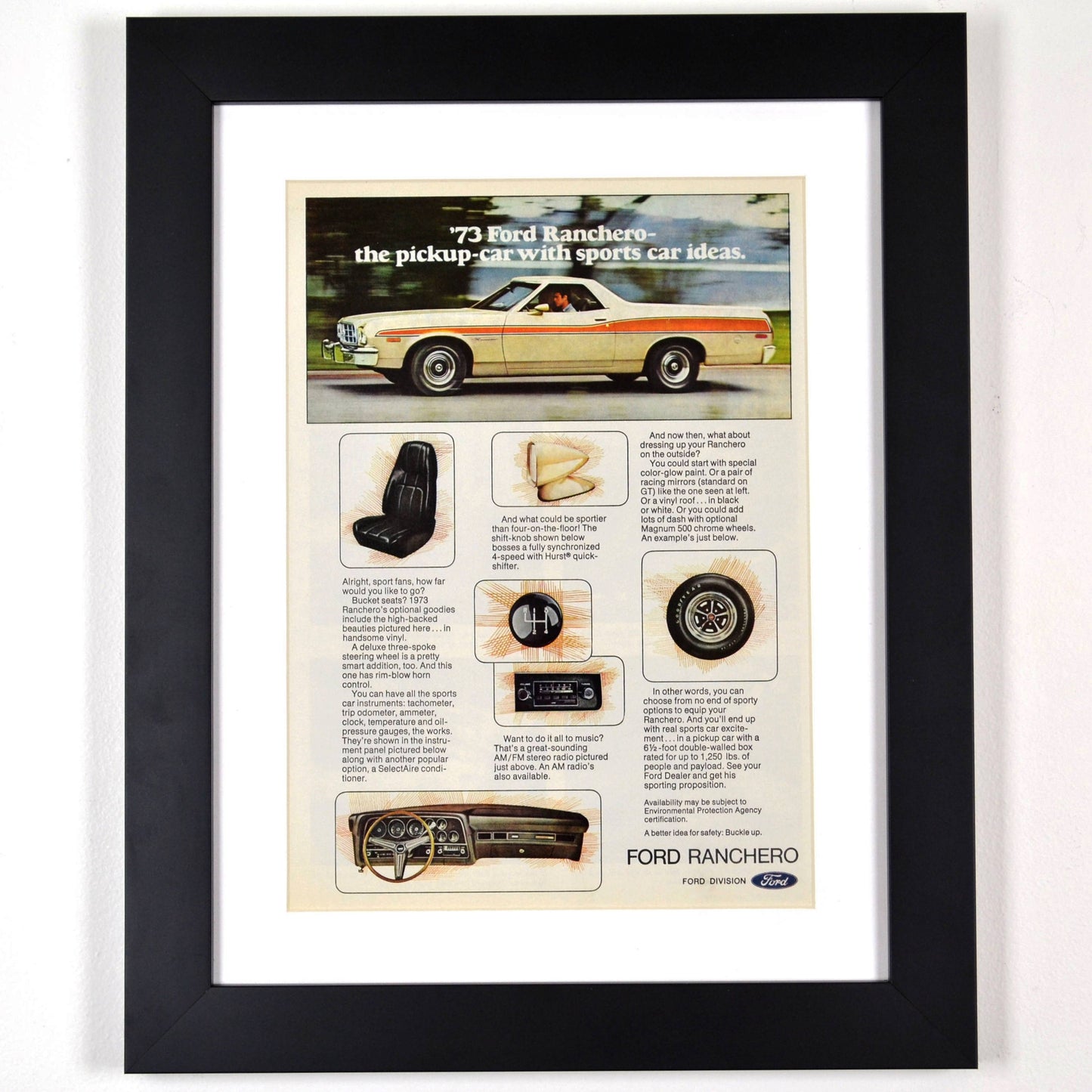 1973 Ford Ranchero classic car print, Framed vintage automotive wall art