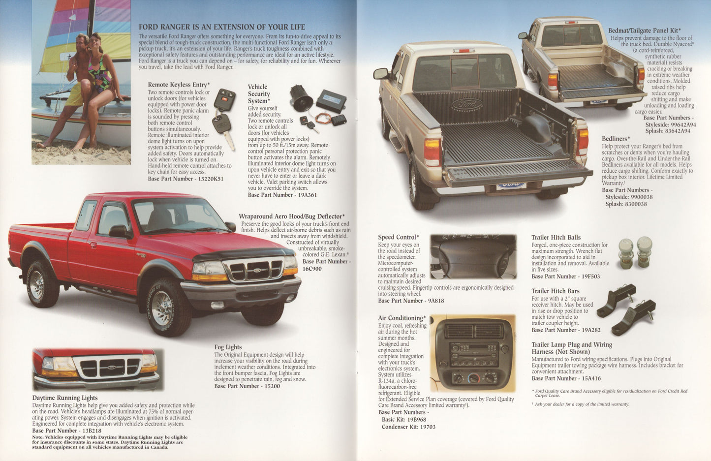 A double-page spread from a vintage Ford Ranger brochure or catalog, showing multiple views of pickup trucks, accessories, and feature callouts with text. The left page includes a red pickup truck, a beach lifestyle photo, and small accessory parts.