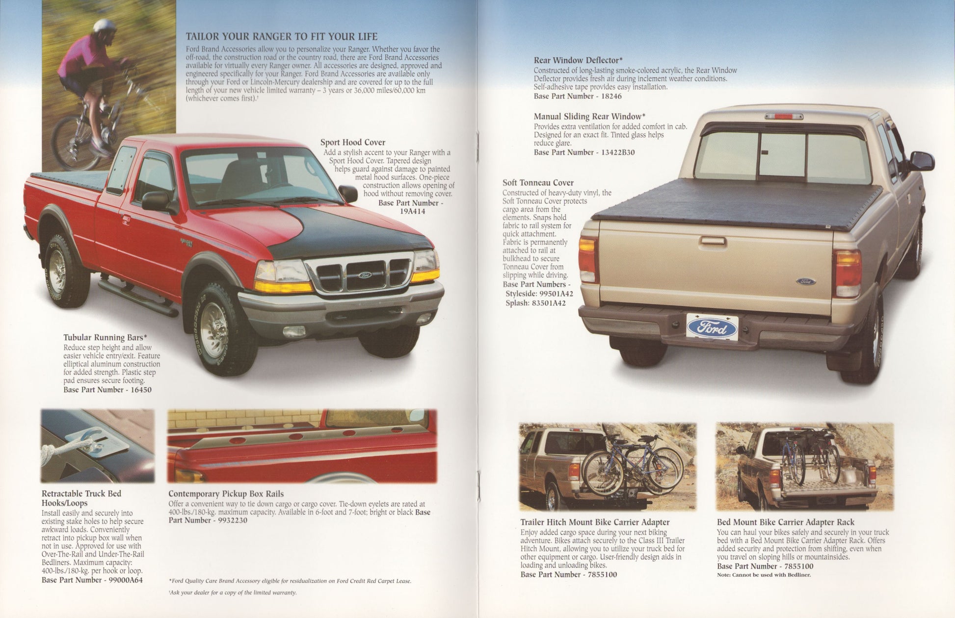 A two-page printed brochure spread showing a Ford ranger pickup truck lineup with text callouts, feature descriptions, and small inset photos. The main large vehicle is a beige pickup truck shown from the rear on the right page, while the left page features a red pickup truck and smaller vehicle and accessory photos.