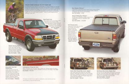 A two-page printed brochure spread showing a Ford ranger pickup truck lineup with text callouts, feature descriptions, and small inset photos. The main large vehicle is a beige pickup truck shown from the rear on the right page, while the left page features a red pickup truck and smaller vehicle and accessory photos.