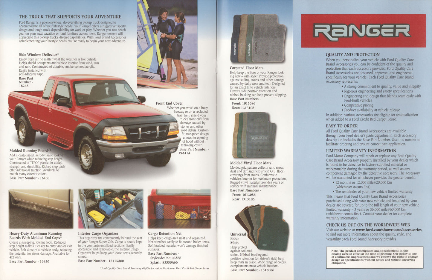 A printed catalog or brochure page for Ford Ranger carpet mats, showing a red pickup truck, several mat samples, and blocks of descriptive text on a light blue background.