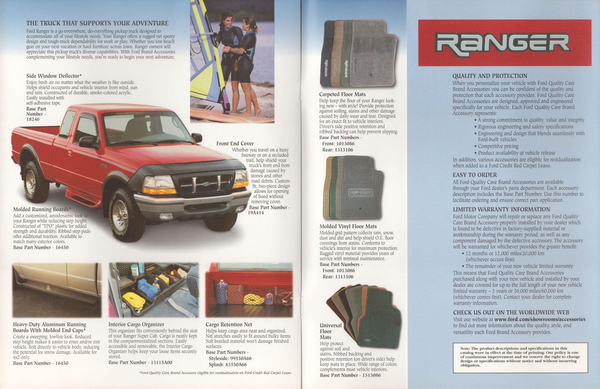 A printed catalog or brochure page for Ford Ranger carpet mats, showing a red pickup truck, several mat samples, and blocks of descriptive text on a light blue background.
