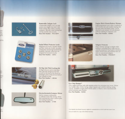 A printed catalog spread showing multiple automotive accessory products for Ford ranger pick up with small photos, descriptive text, and part numbers on a white page.