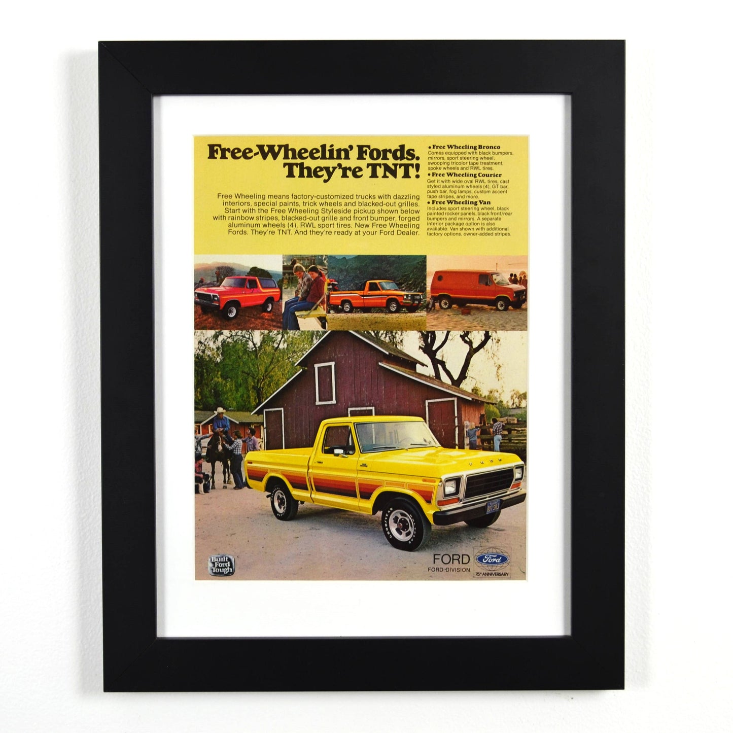 1978 Free Wheelin’ Ford Trucks vintage ad – framed F-100, Bronco, Courier, and van wall art for retro truck fans

