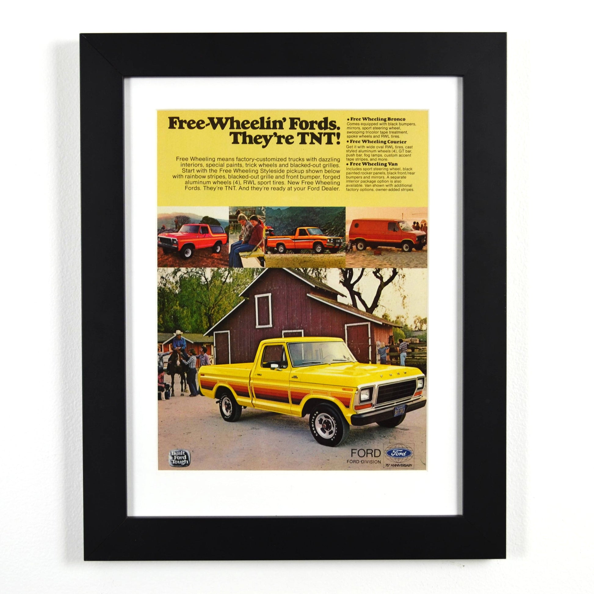 1978 Free Wheelin’ Ford Trucks vintage ad – framed F-100, Bronco, Courier, and van wall art for retro truck fans

