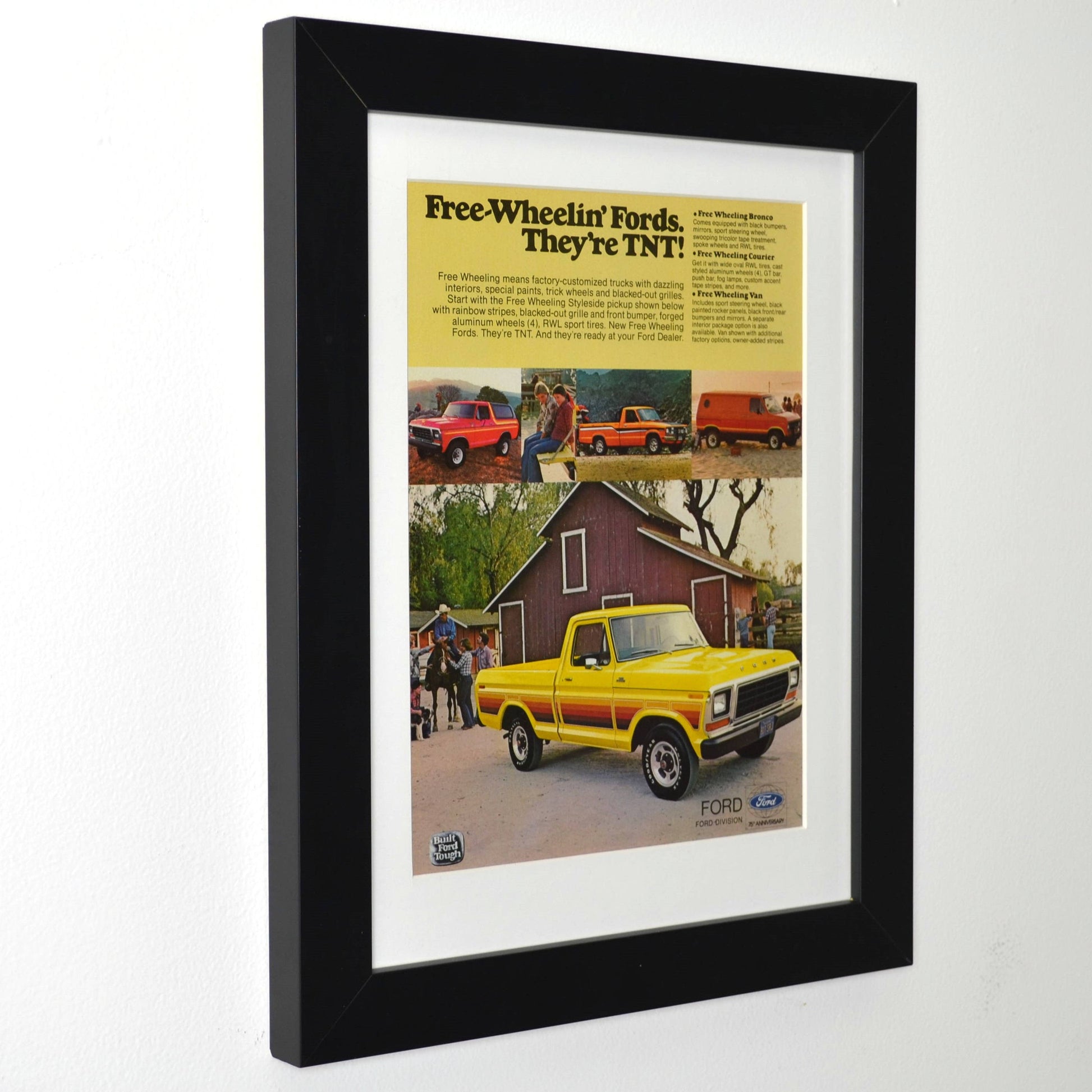 1978 Free Wheelin’ Ford Trucks vintage ad – framed F-100, Bronco, Courier, and van wall art for retro truck fans side view

