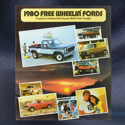 1980 Free Wheelin' Fords brochure cover showing trucks, Bronco, and vans