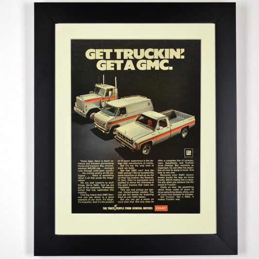 1977 GMC vintage truck ad,  Framed wall art print