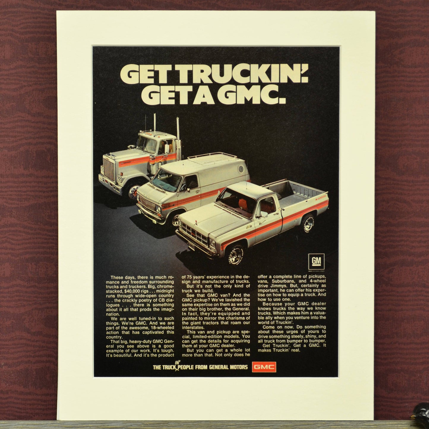 1977 GMC vintage truck ad,  Framed wall art print