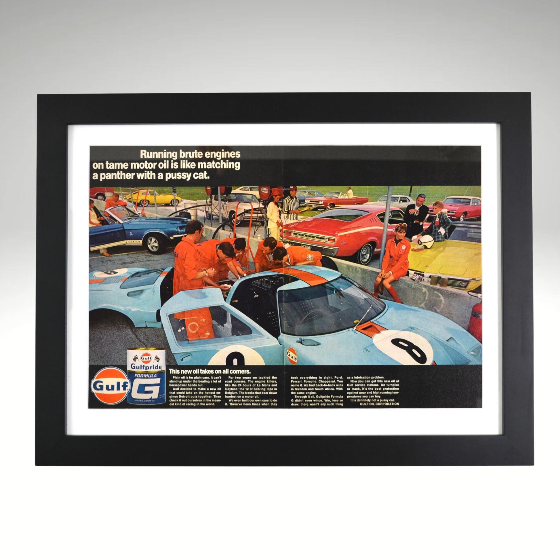 1968 Gulf Oil & Ford GT-40 Racing Ad – Framed Classic Car Art