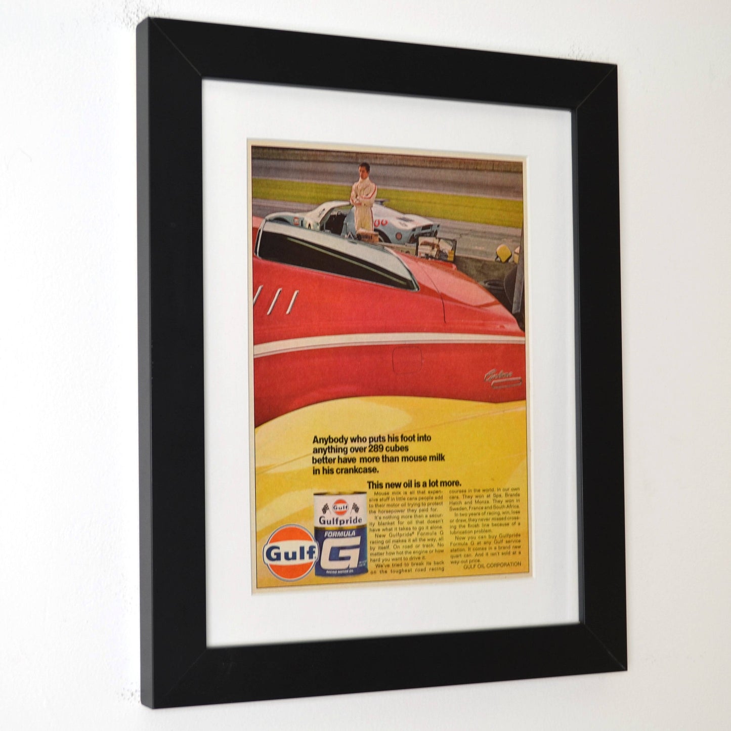 1968 Gulfpride Formula G Ad – Ford GT-40 Vintage Petroliana Wall Art framed