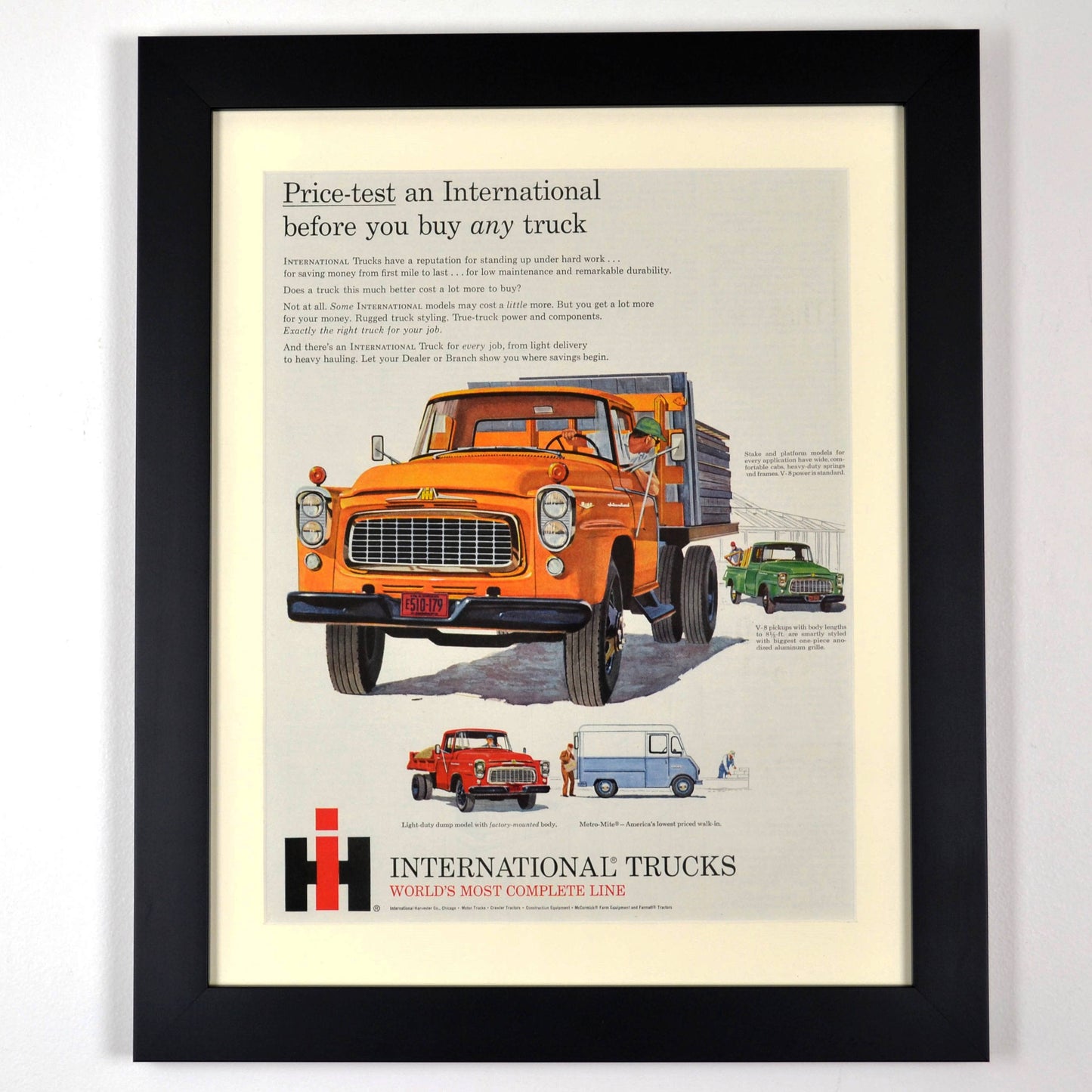 International Trucks Vintage Ad – Pickup, Dump Truck, and Metro Mite framed