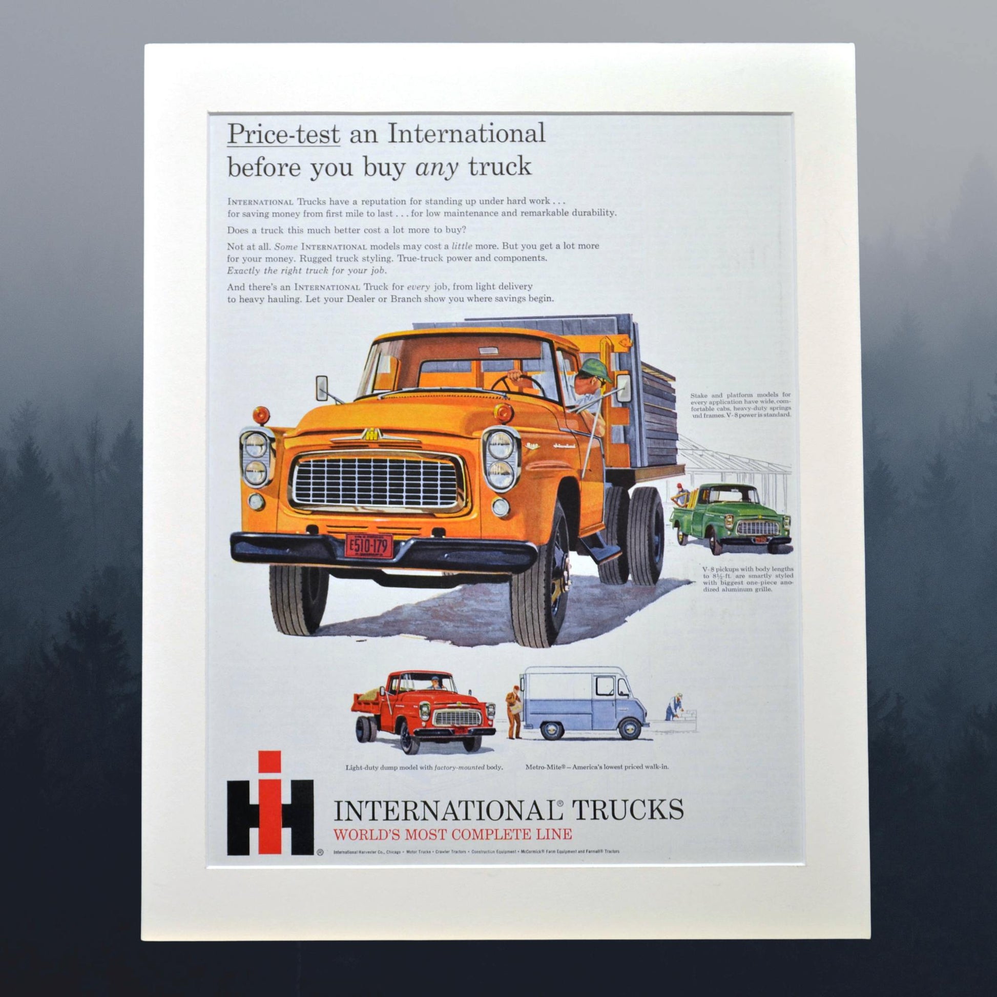 International Trucks Vintage Ad – Pickup, Dump Truck, and Metro Mite print ad