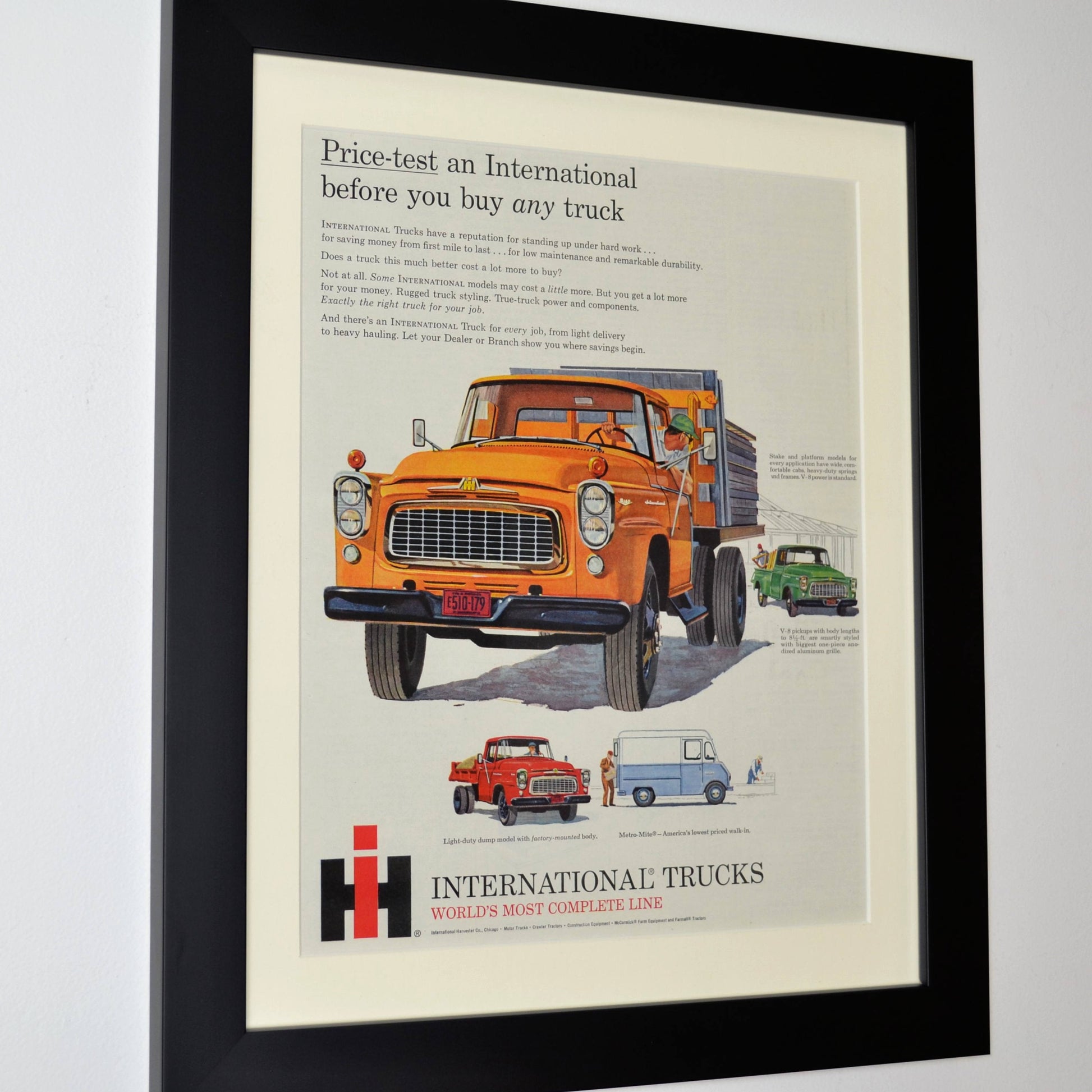 International Trucks Vintage Ad – Pickup, Dump Truck, and Metro Mite side view