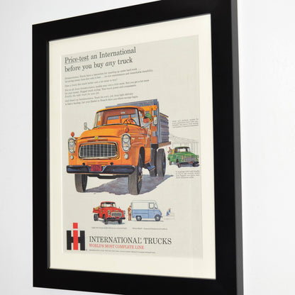 International Trucks Vintage Ad – Pickup, Dump Truck, and Metro Mite framed side view