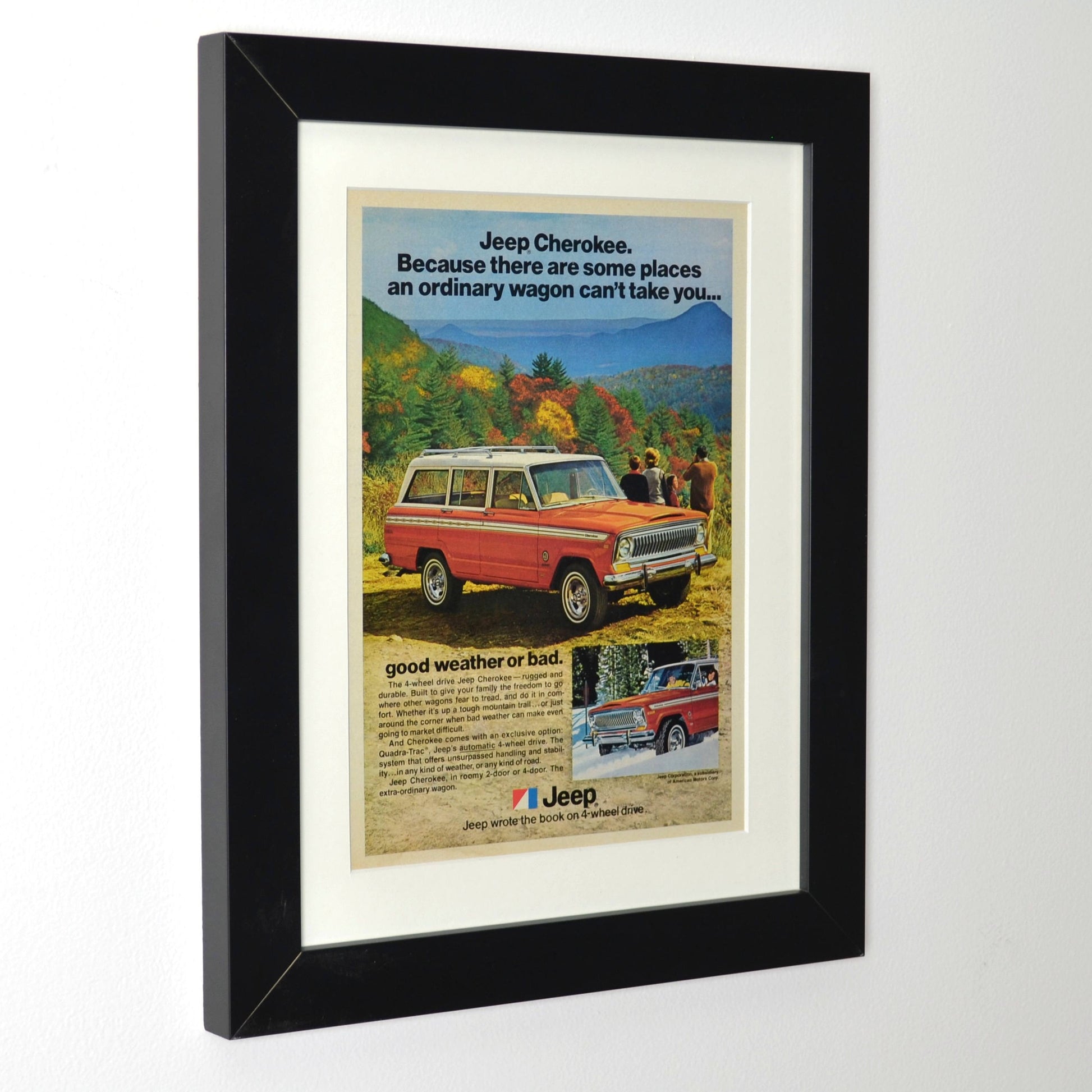 1970s Jeep Cherokee SJ Vintage Print Ad - Classic 4x4 Adventure Art frmed side view