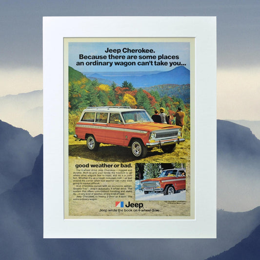 1970s Jeep Cherokee SJ Vintage Print Ad - Classic 4x4 Adventure Art