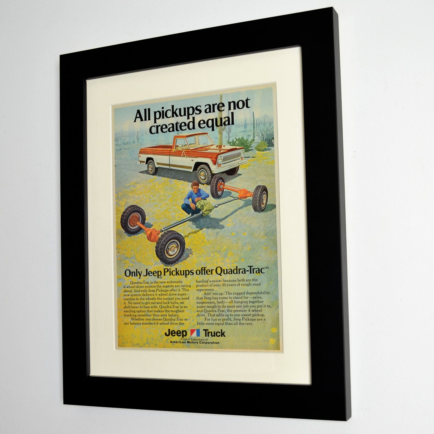 1974 Jeep pick up truck print ad, side view, framed