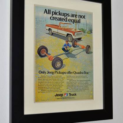 1974 Jeep pick up truck print ad, side view, framed