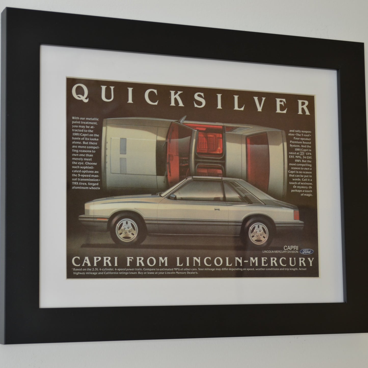 Mercury Capri  automotive print ad, Framed classic car wall art