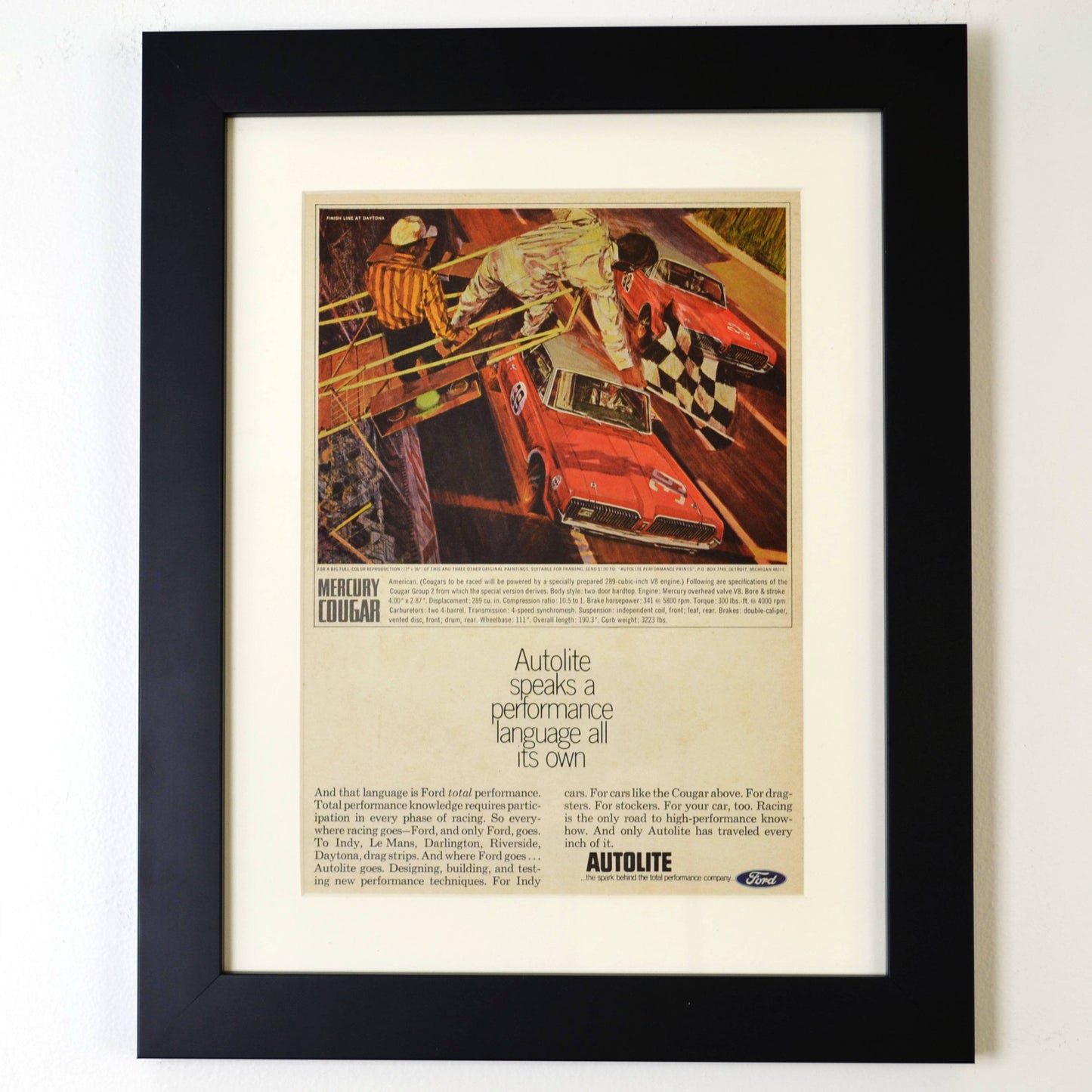 framed Autolite Spark Plug Ad Featuring 1967 Mercury Cougar - Original Racing Print