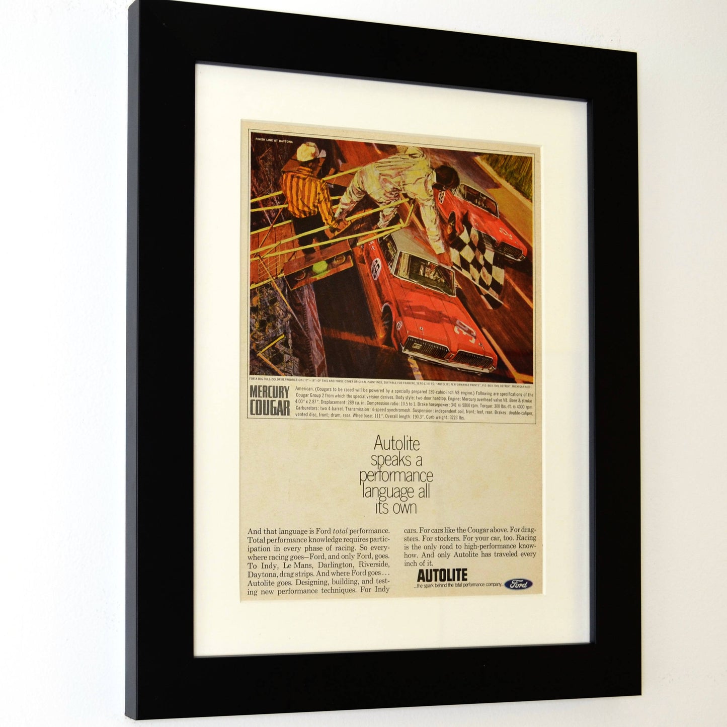 Autolite Spark Plug Ad Featuring 1967 Mercury Cougar - Original Racing Print framed