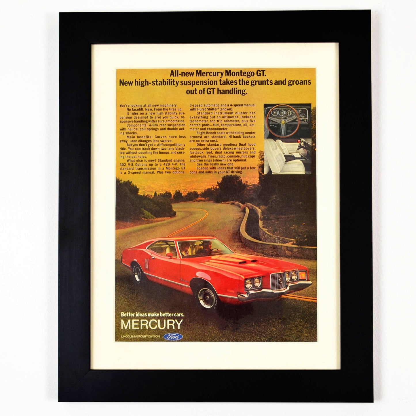 1972 Mercury Montego GT Vintage Print Ad framed