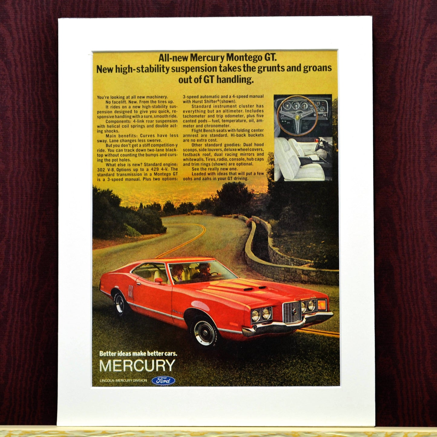 1972 Mercury Montego GT Vintage Print Ad, Framed Automotive wall art