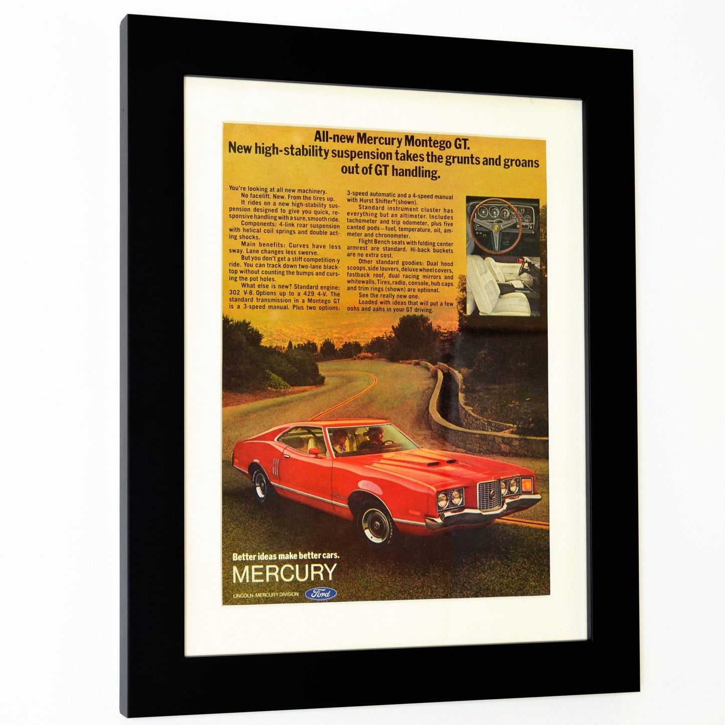 1972 Mercury Montego GT Vintage Print Ad framed