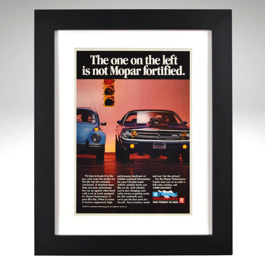 Vintage framed Mopar performance ad – Dodge Challenger vs VW Bug – “Not Mopar Fortified” – classic automotive wall art