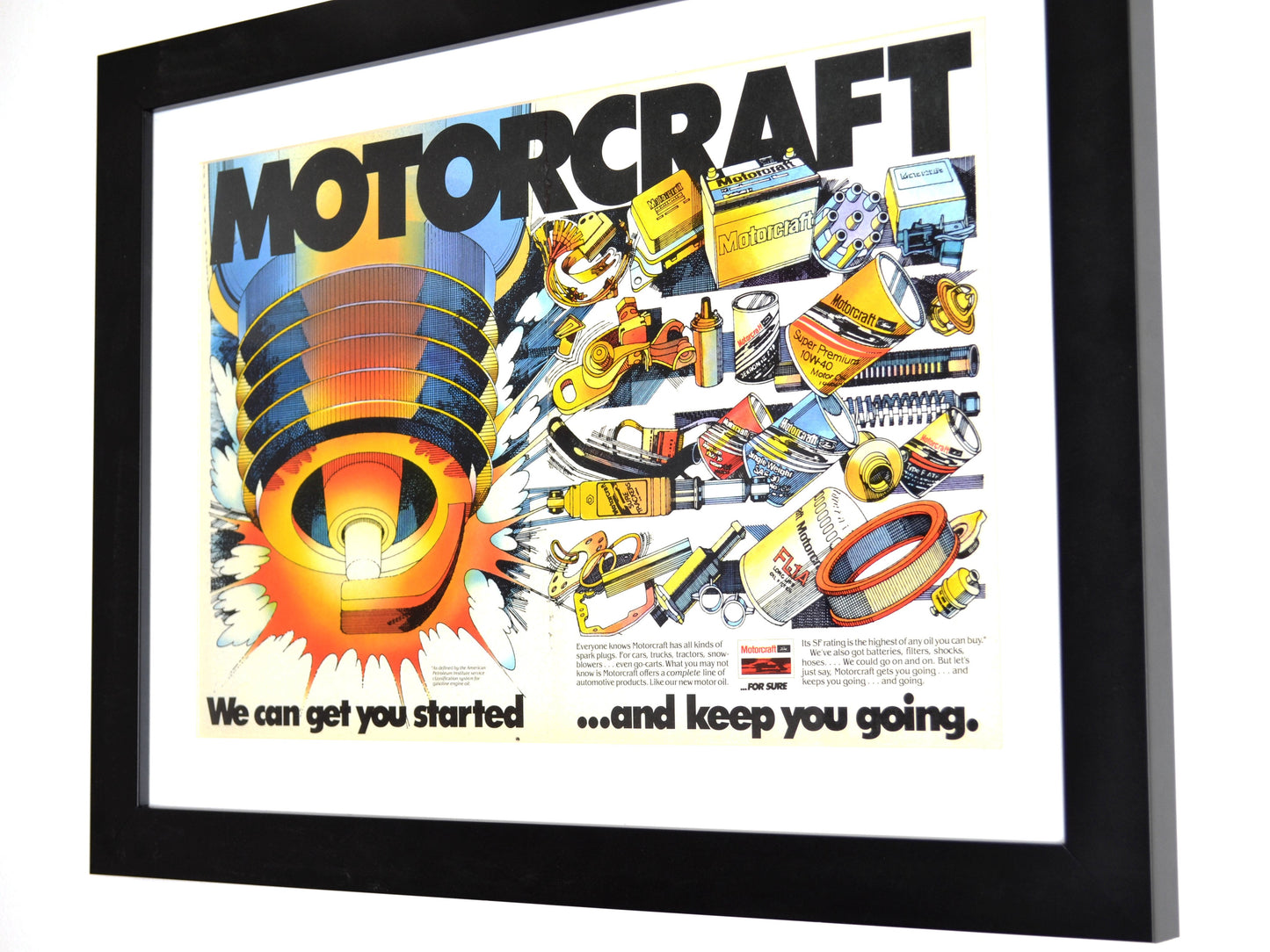 Ford Motorcraft parts nostalgic print ad, side view, framed