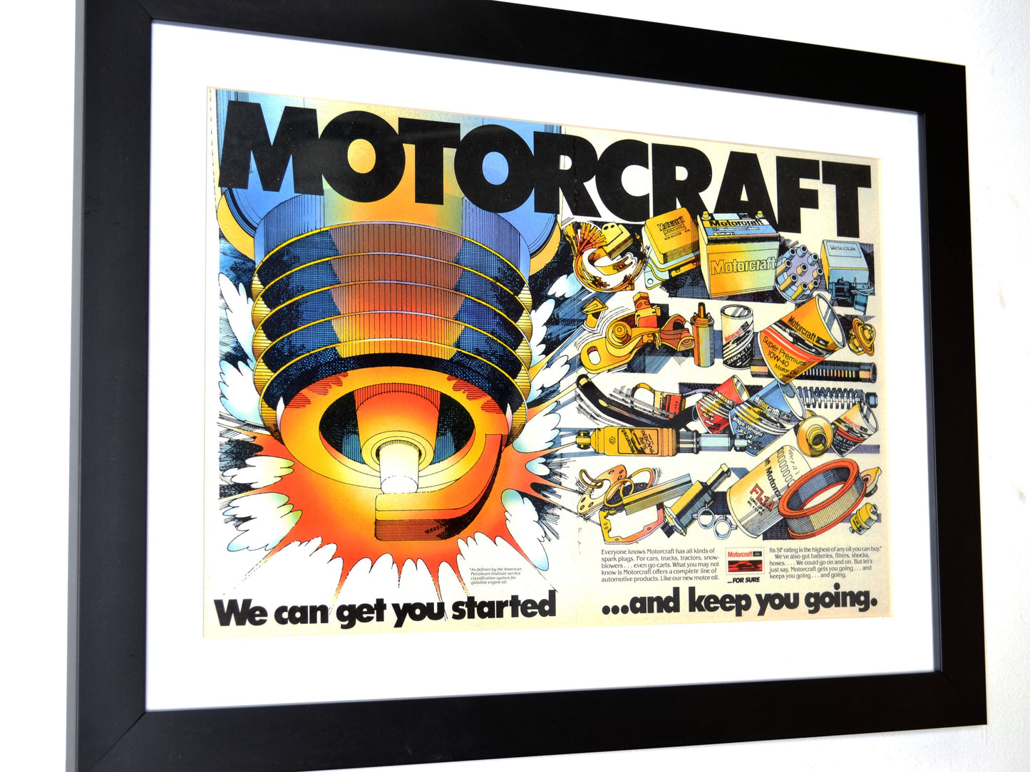 Ford Motorcraft parts nostalgic print ad, side view, framed