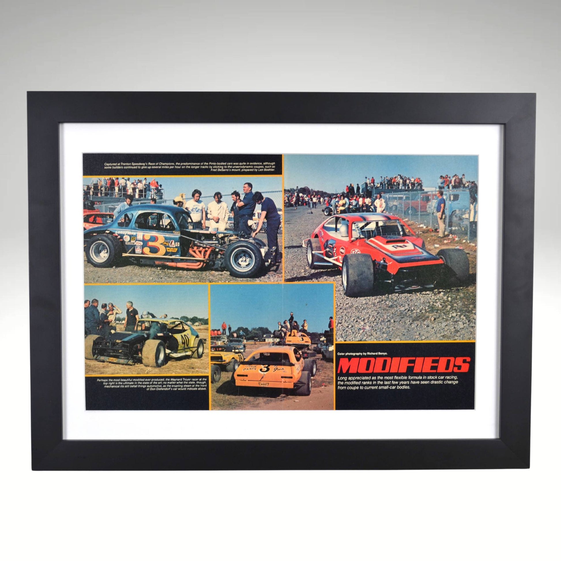 Framed vintage NASCAR Modifieds print featuring 1970s racing legends Fred Desarro, Don Diffendorf, Eddie Pieniazek, and Maynard Troyer in a transition from coupe to modern racers.

