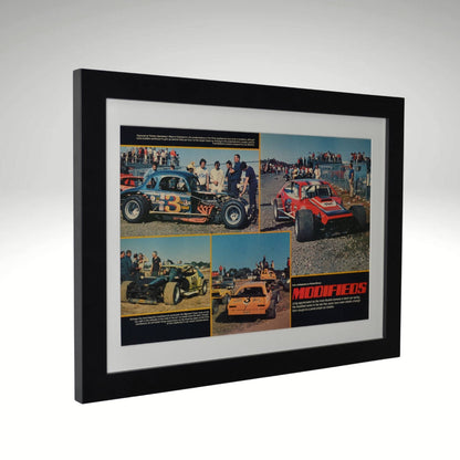 Framed vintage NASCAR Modifieds print featuring 1970s racing legends Fred Desarro, Don Diffendorf, Eddie Pieniazek, and Maynard Troyer in a transition from coupe to modern racers. side view

