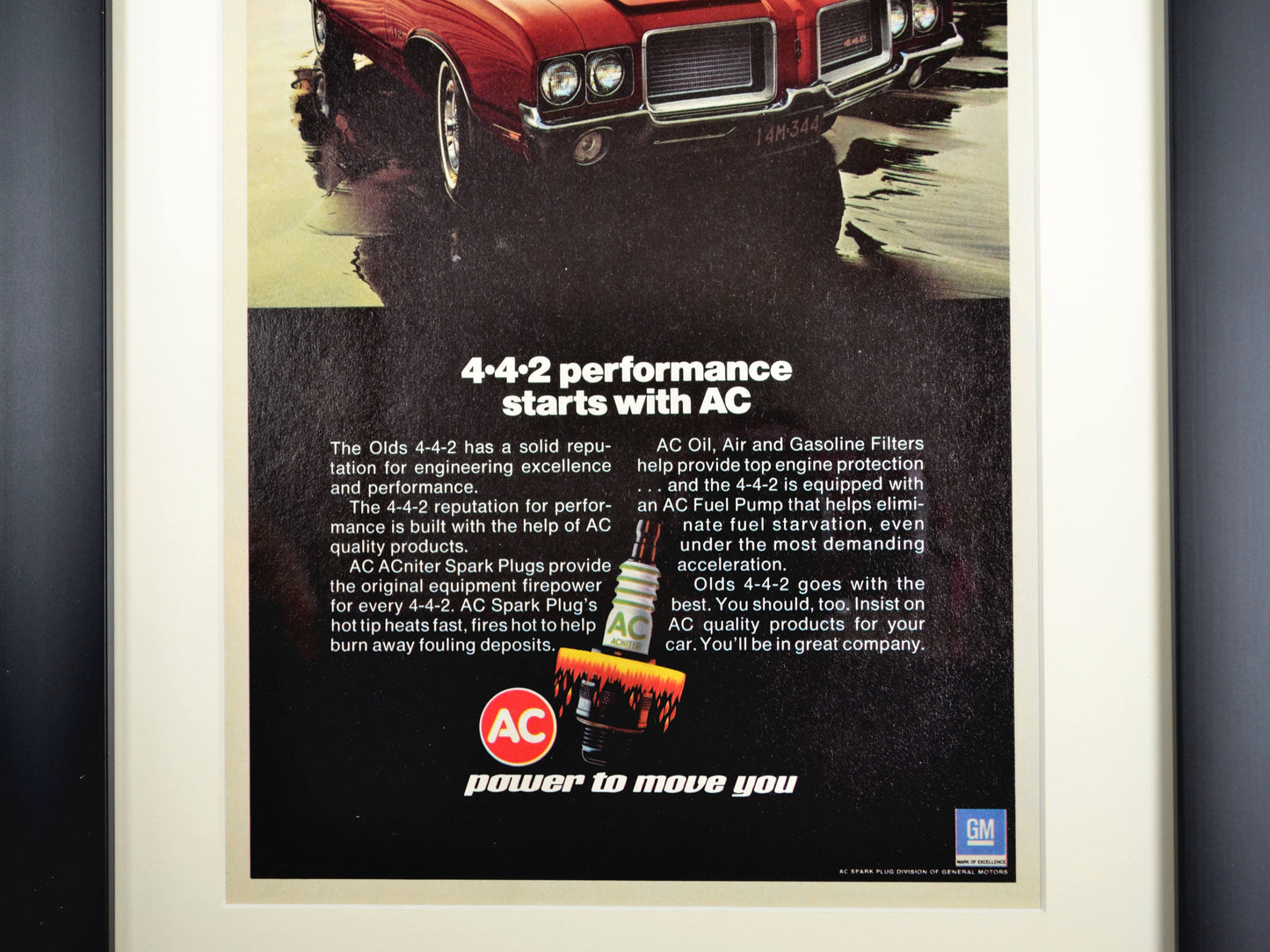 Powering Performance: Framed 1972 Oldsmobile 442 with AC Spark Plugs Art